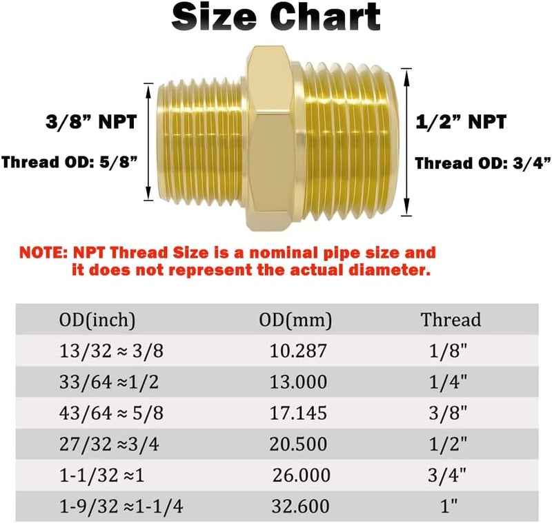 Hooshing 2PCS Brass Reducing Nipple 1/2" NPT to 3/8" NPT Male Thread Reducer Adapter Pipe Fitting - Image 2